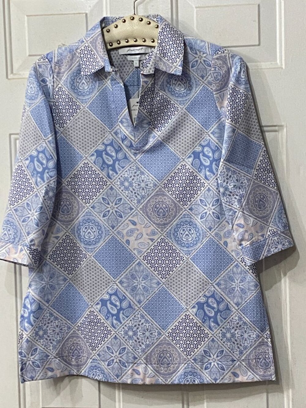 NWT Foxcroft Angel 34 Patchwork Blue Freesia Tunic 3/4 Sleeve Sz 2 Cotton